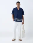 ETA Navy Embroidered Relaxed-Fit Cotton Shirt