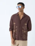 ETA Brown Floral Embroidered Relaxed-Fit Cotton Shirt