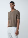 ETA Brown Knit-Textured Relaxed-Fit Cotton Polo T-Shirt