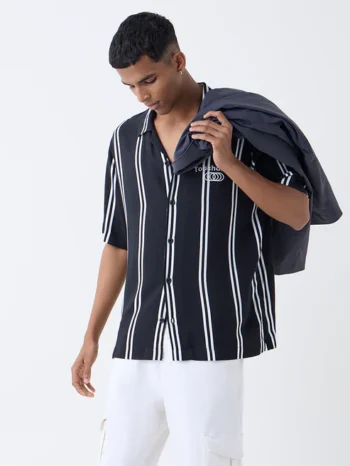 Nuon Black Striped Relaxed Fit Shirt